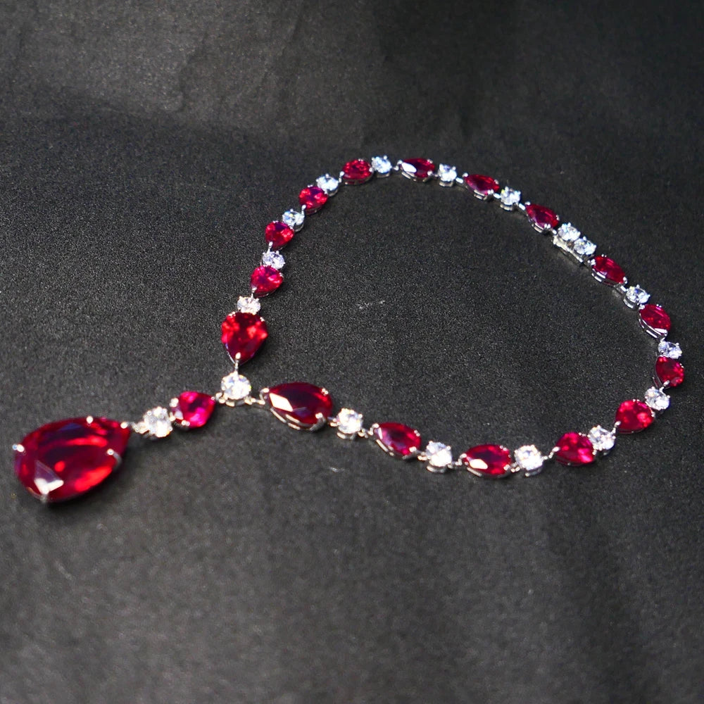 KQDANCE Real 925 Sterling Silver Large Tear Drop Ruby Red High Carbon Diamond Tennis Chain Necklace Luxury Fine Jewelry