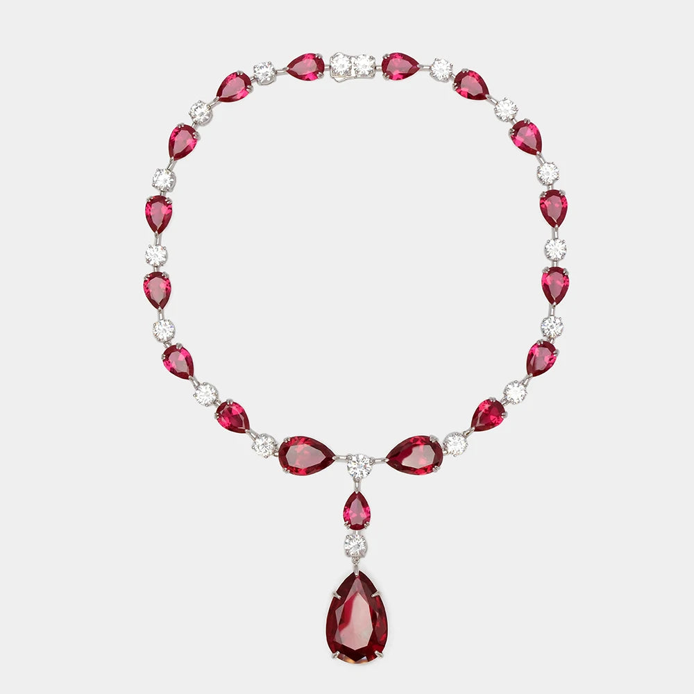 KQDANCE Real 925 Sterling Silver Large Tear Drop Ruby Red High Carbon Diamond Tennis Chain Necklace Luxury Fine Jewelry