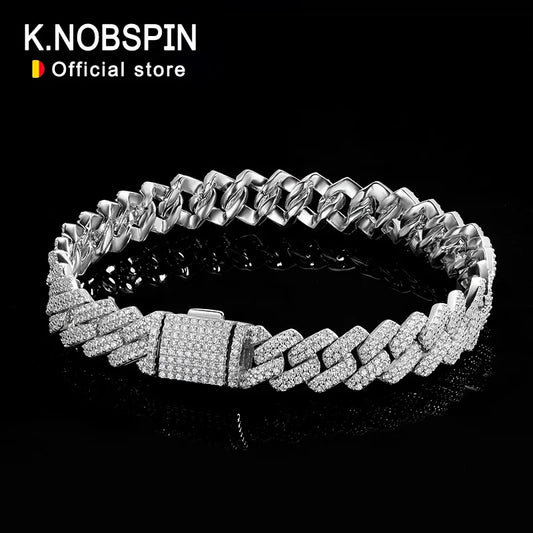 KNOBSPIN 8mm Moissanite Cuban Bracelet Full Diamond GRA Certified Solid s925 Silver 18k White Gold Cuban Bracelets for Women Man