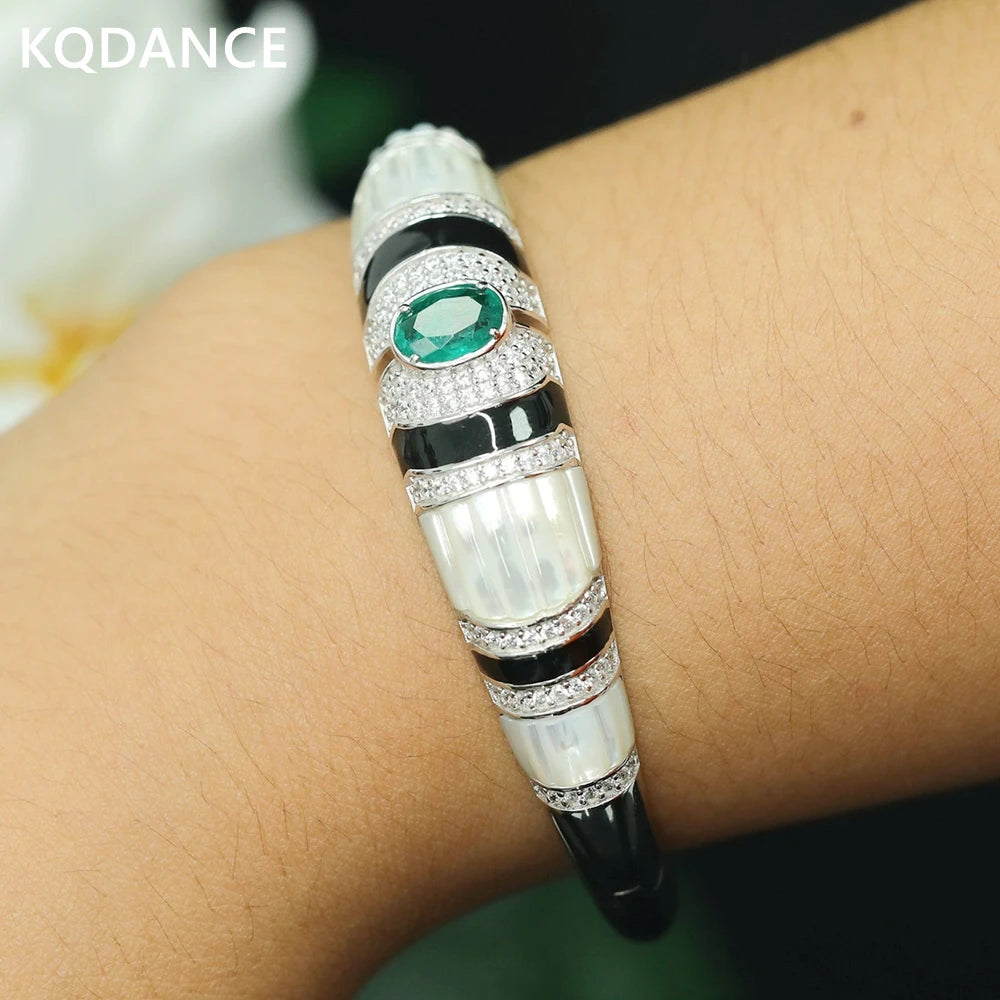 KQDANCE 925 Sterling Silver White Shell Pearl Black Agate Emerald Green Carbon Diamond Gemstone Women Bangles Bracelets Jewelry